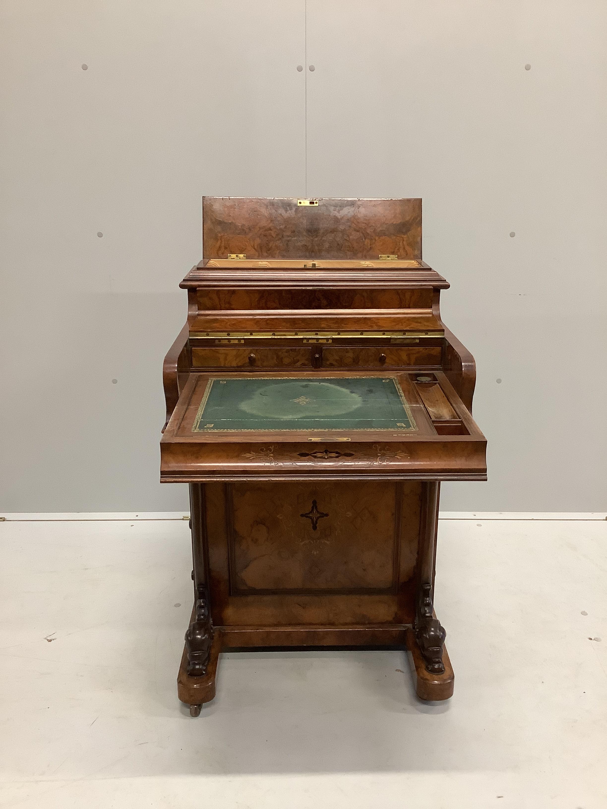 A late Victorian inlaid walnut Davenport, width 59cm, depth 56cm, height 91cm